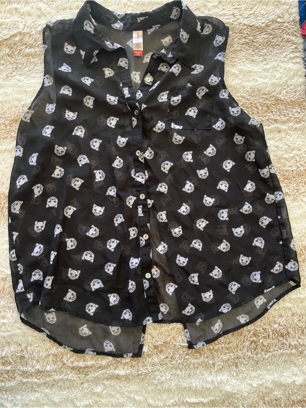 Cat print button down sheer blouse open back